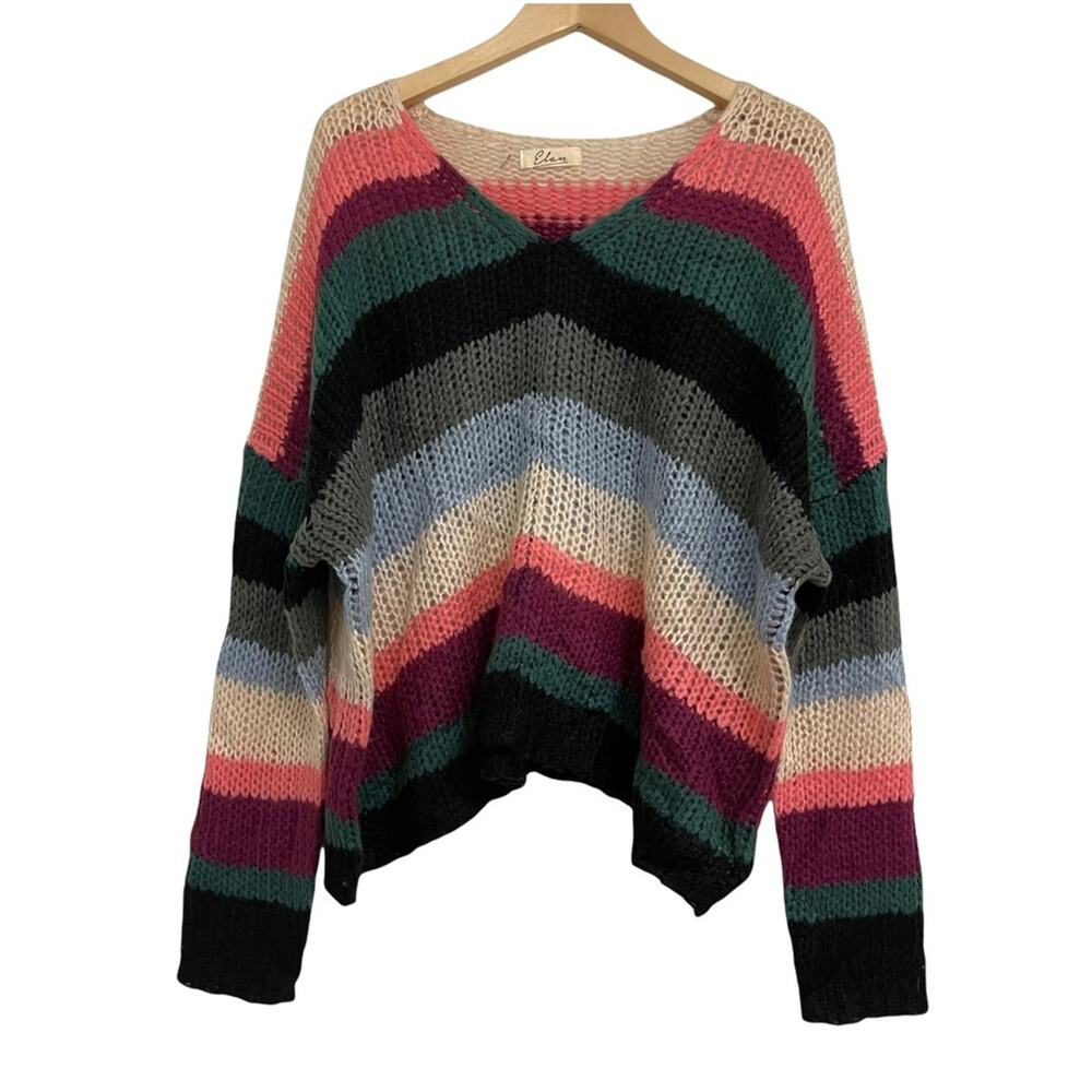 ELAN Sweater Pullover V Neck Stripe Multi Color Cozy Comfy Size Large